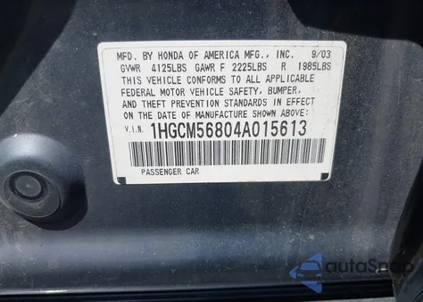 2004 Honda Accord 2.4 Ex from USA, damaged, VIN 1HGCM56804A015613